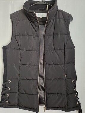 Calvin Klein Black Quilted Puffer Vest with Lace-Side Detail. M